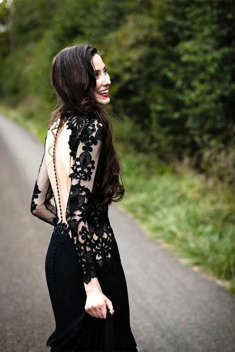 Black Long Sleeves Mermaid Wedding Dress with Sweep Train - Image 5