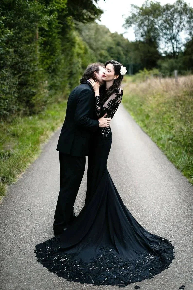 Black Long Sleeves Mermaid Wedding Dress with Sweep Train - Image 6
