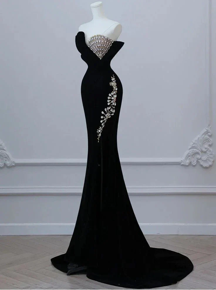 Black Luxurious Velvet Beaded Evening Dress Long Prom Dress Y7675 - Image 2