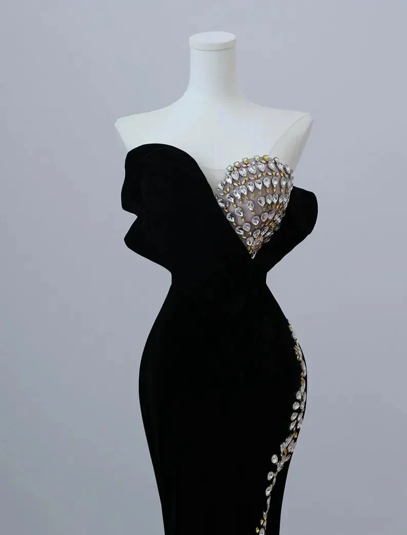 Black Luxurious Velvet Beaded Evening Dress Long Prom Dress Y7675 - Image 3