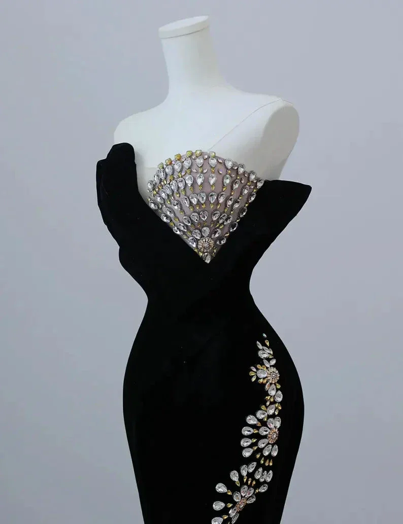 Black Luxurious Velvet Beaded Evening Dress Long Prom Dress Y7675 - Image 4