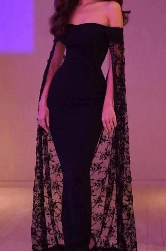 Black Mermaid Prom Dress With Cape Elegant Evening Dress Y14 - Image 2