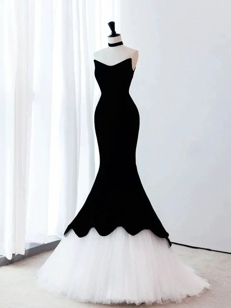 Black Mermaid Velvet Tulle Long Prom Dress Evening Dress Y4678 - Image 3