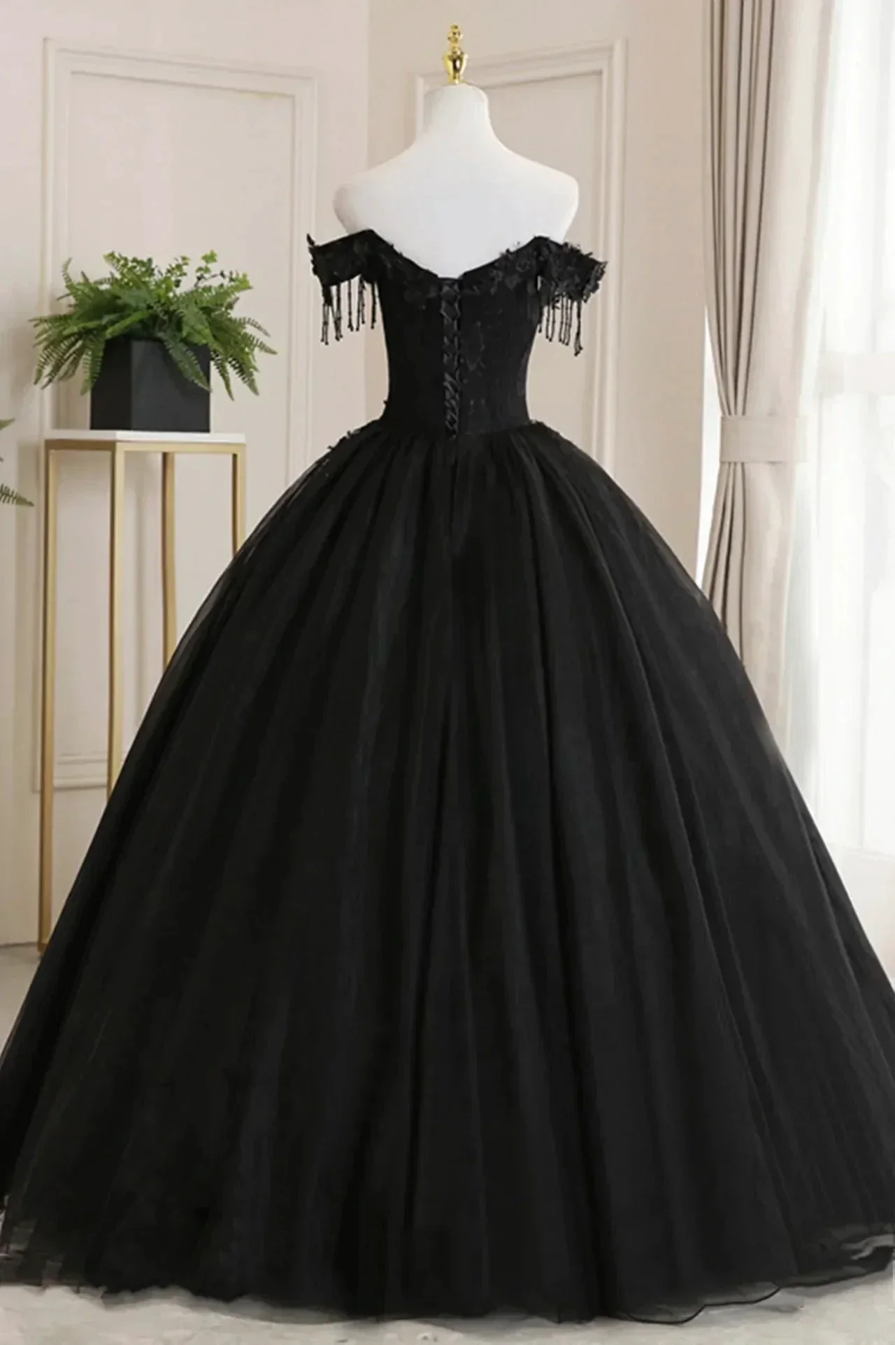 Black Off Shoulder Tulle Ball Gown With Lace Sweet 16 Dress, Black Long Evening Dress Y1143 - Image 2