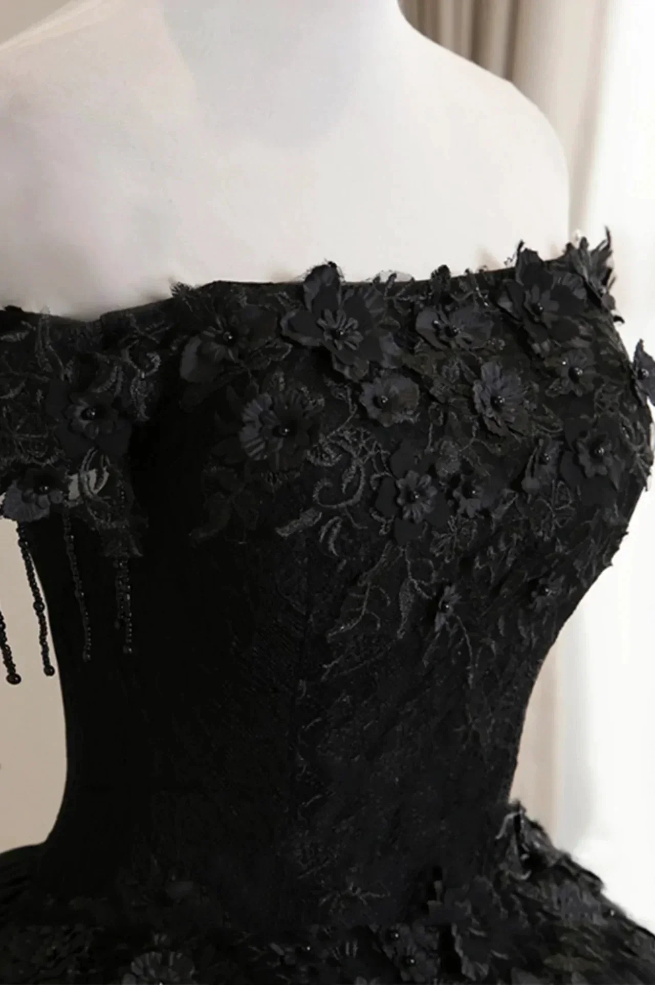 Black Off Shoulder Tulle Ball Gown With Lace Sweet 16 Dress, Black Long Evening Dress Y1143 - Image 3