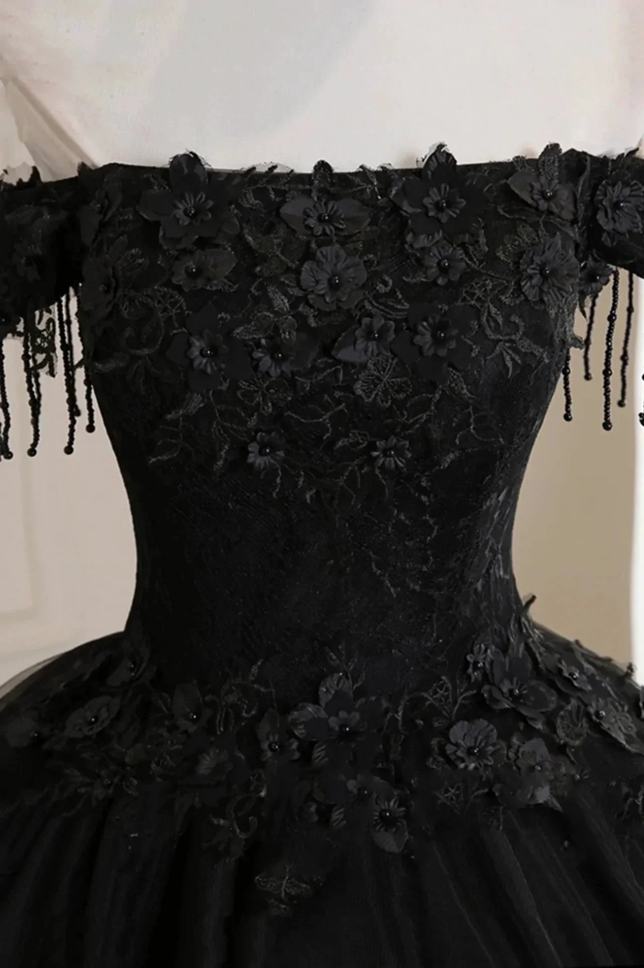 Black Off Shoulder Tulle Ball Gown With Lace Sweet 16 Dress, Black Long Evening Dress Y1143 - Image 4