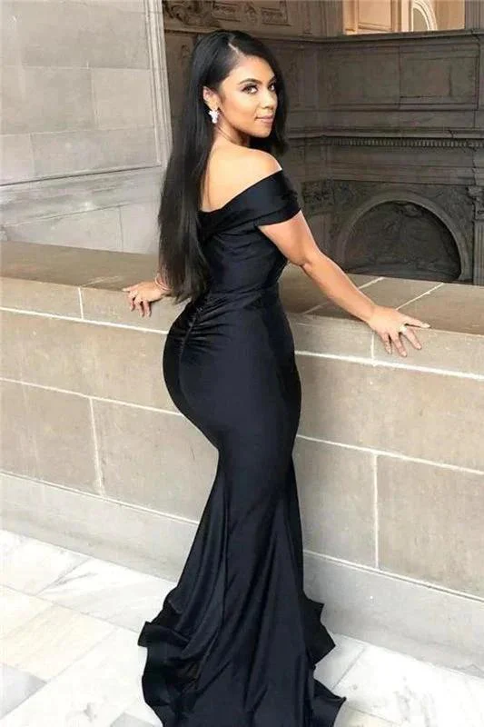 Black Off-the-shoulder Floor-length Backless Mermaid Prom Dress - Image 2