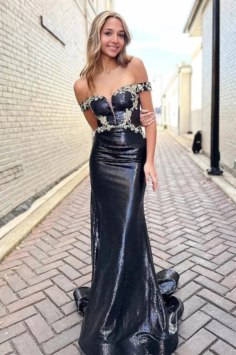 Black Off the Shoulder Sequins Long Prom Dresses with Appliques - Image 2
