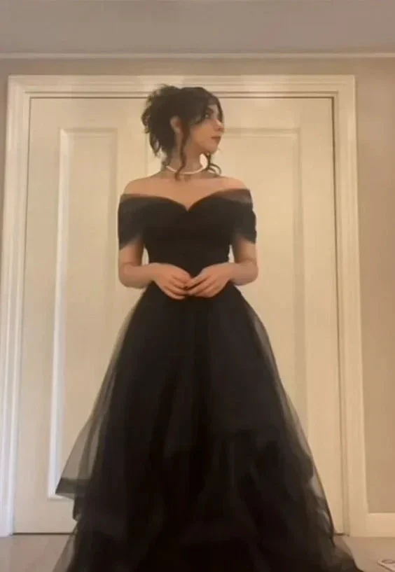 Black Off The Shoulder Tulle Long Prom Dress Black Formal Graduation Evening Dress Y7351 - Image 2