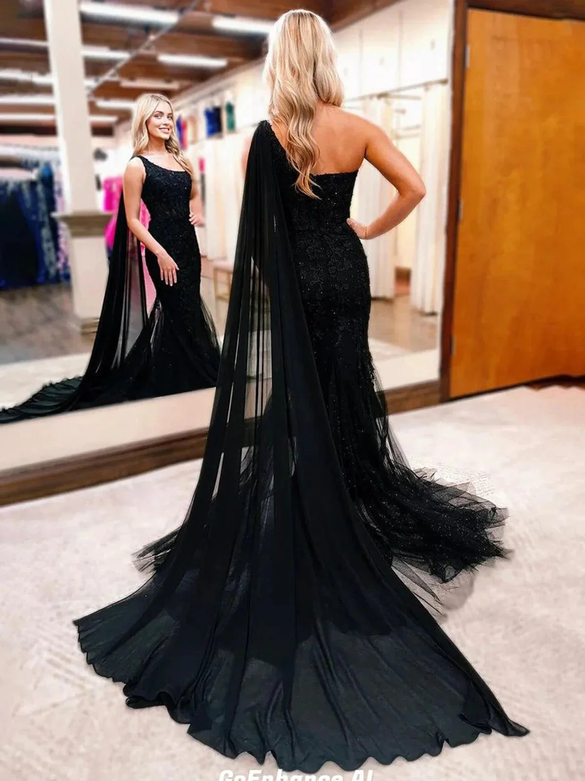Black One Shoulder Appliques Mermaid Long Prom Dresses - Image 2