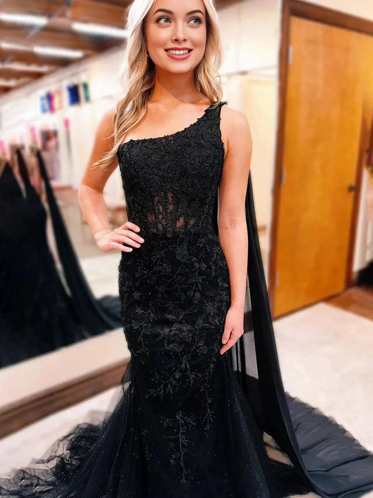 Black One Shoulder Appliques Mermaid Long Prom Dresses - Image 3