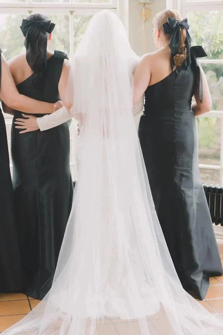Mermaid One-Shoulder Bow Strap Black Bridesmaid Dress BD125 - Image 4