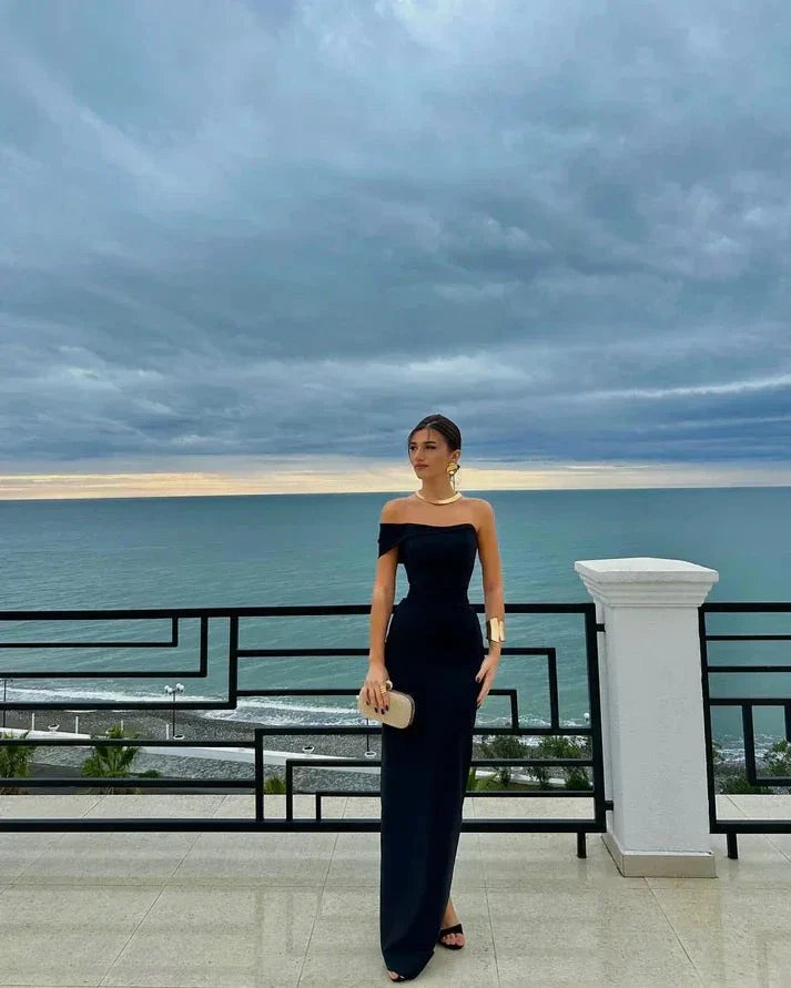 Black One Shoulder Long Sheath Evening Dress Strapless Party Prom Dress Y7559 - Image 3