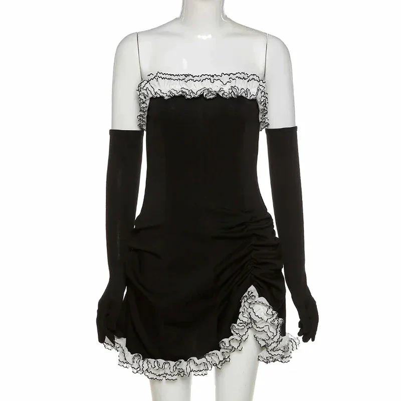 Black Party Tube Skirt Irregular White Ruffle Bandage Dress Black Homecoming Dress Y2617 - Image 2