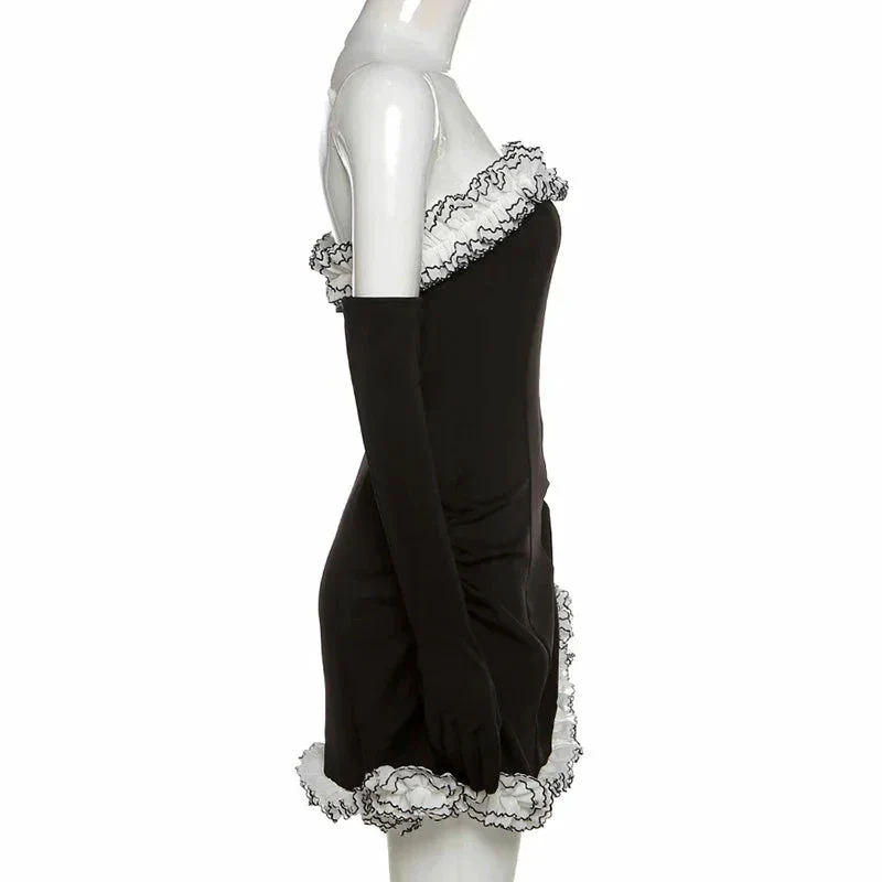 Black Party Tube Skirt Irregular White Ruffle Bandage Dress Black Homecoming Dress Y2617 - Image 4