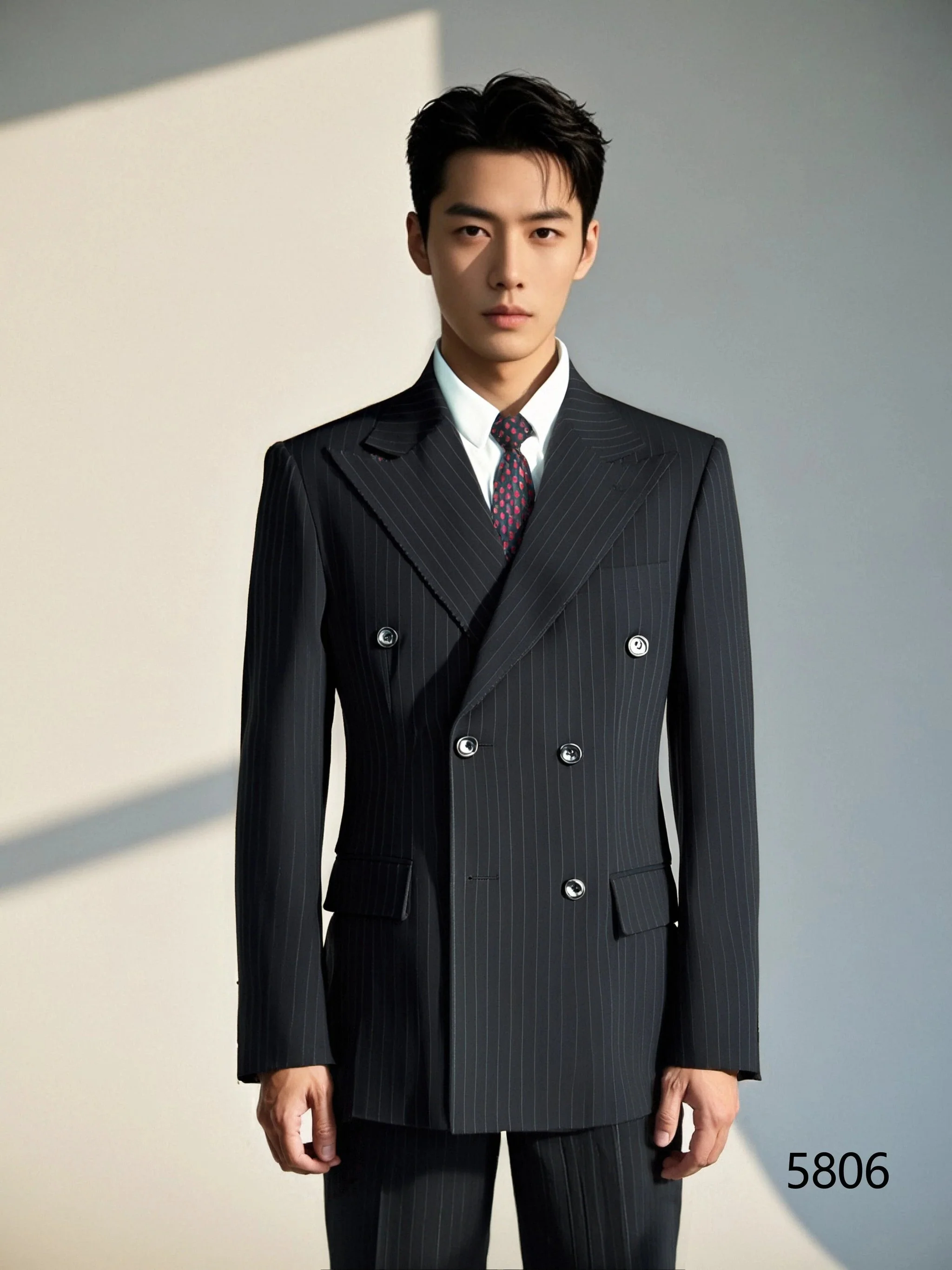 Black Pinstripe Double Breasted Wool Suit For Weddings Three Piece Groom Attire - Image 4