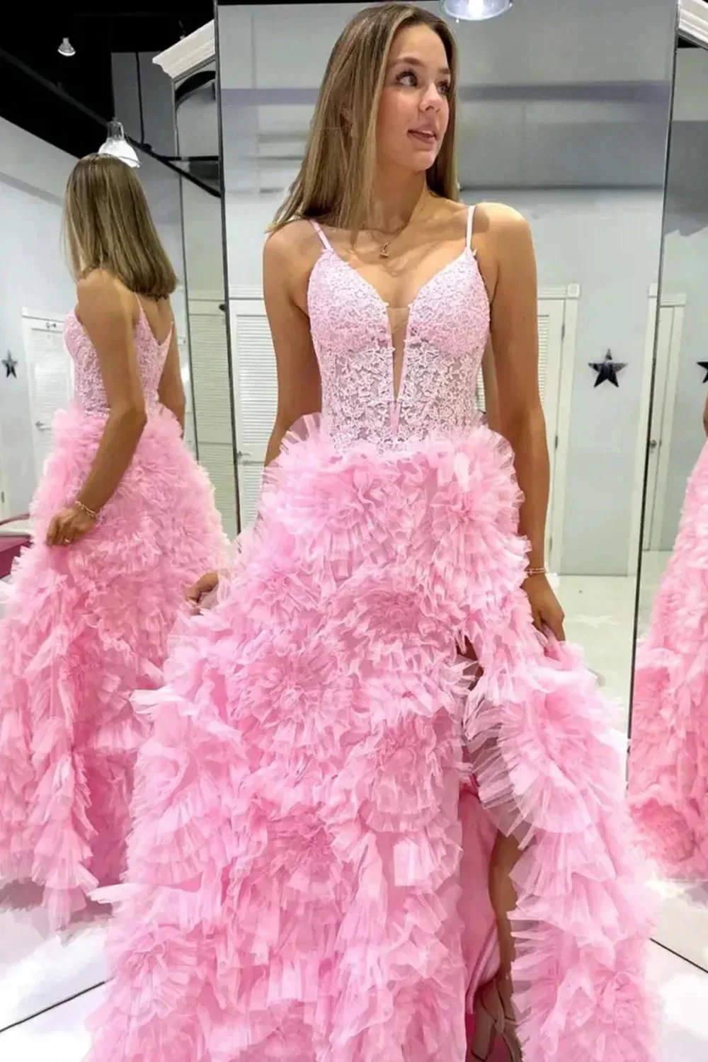 Joyce| Black Plunge V Spaghetti Strap Ruffle Tiered Long Gown - Image 3