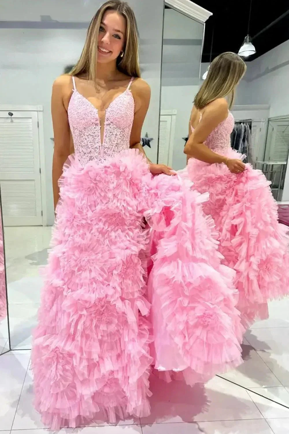 Joyce| Black Plunge V Spaghetti Strap Ruffle Tiered Long Gown - Image 4