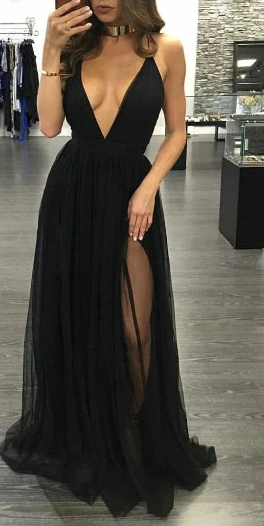 Black Prom Dresses,Chiffon Prom Dress,A line Prom Dresses,Evening Gowns,Party Dress,Slit Prom Gown For Teens Y1248 - Image 2