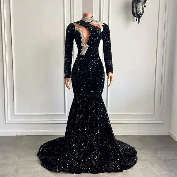 black prom dresses,long sleeve prom dresses new arrival evening dresses, mermaid evening dresses, sequins prom dress Y1423 - Image 2