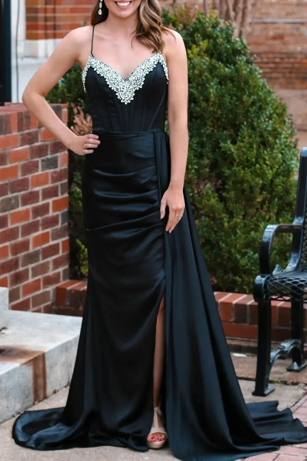 Markie | Black Rhinestone V-Neck Long Formal Dress with Attached Train - Image 2