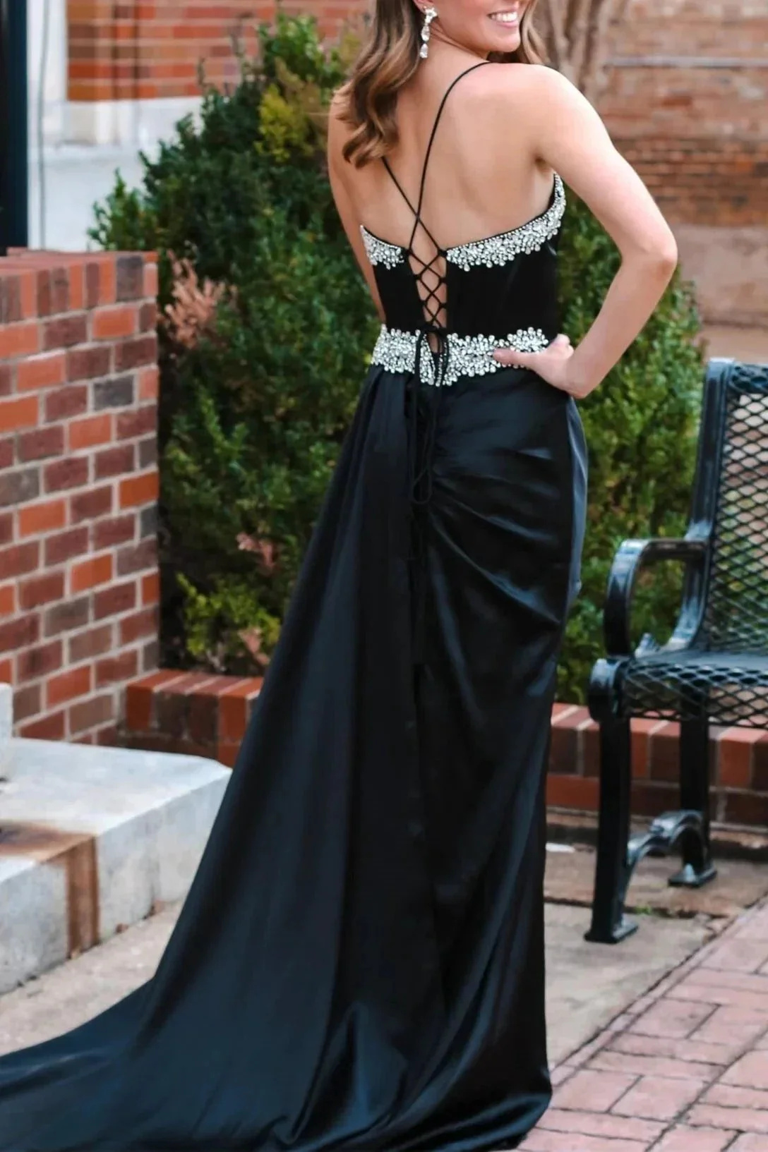 Markie | Black Rhinestone V-Neck Long Formal Dress with Attached Train - Image 3