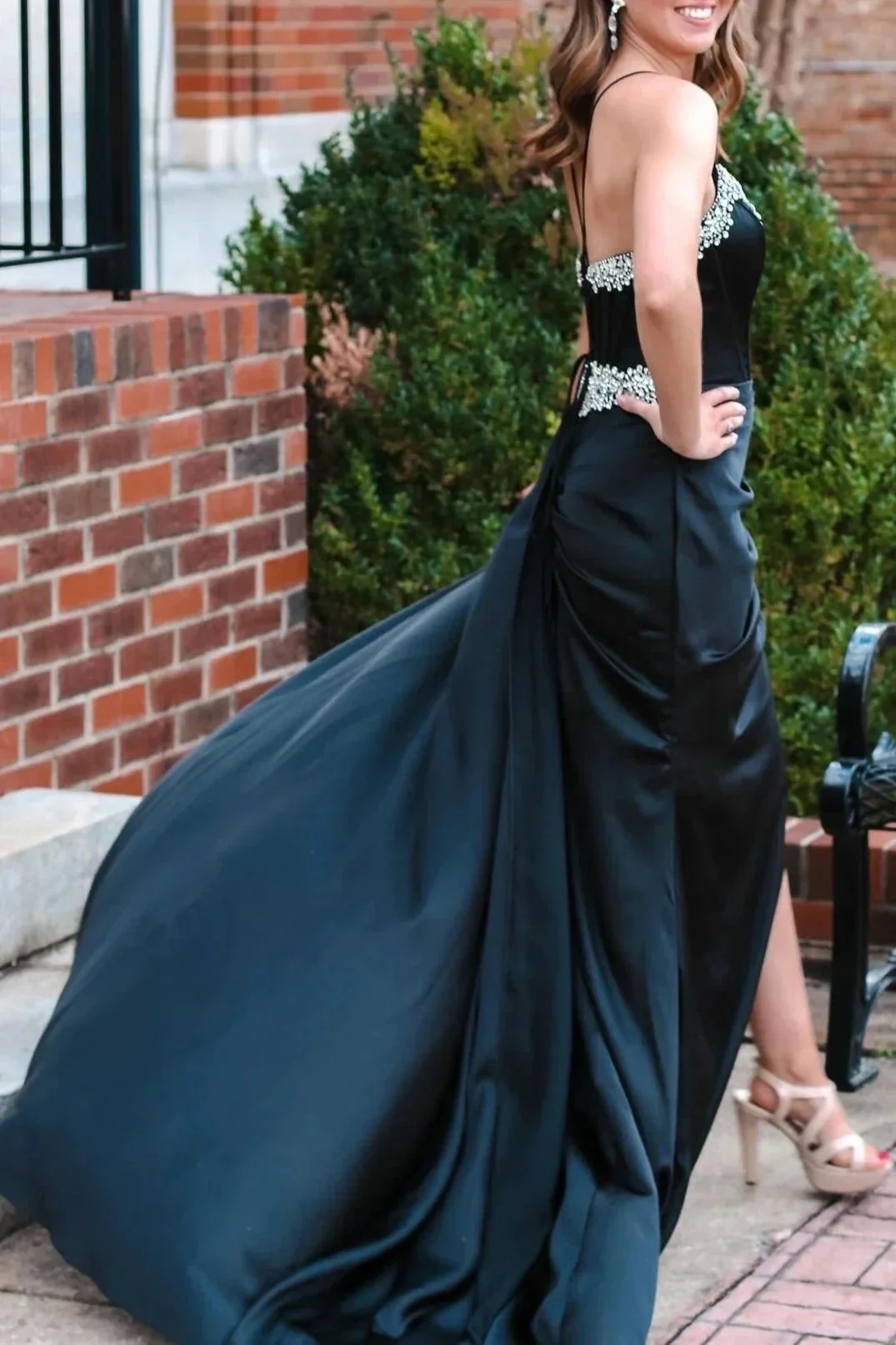 Markie | Black Rhinestone V-Neck Long Formal Dress with Attached Train - Image 4
