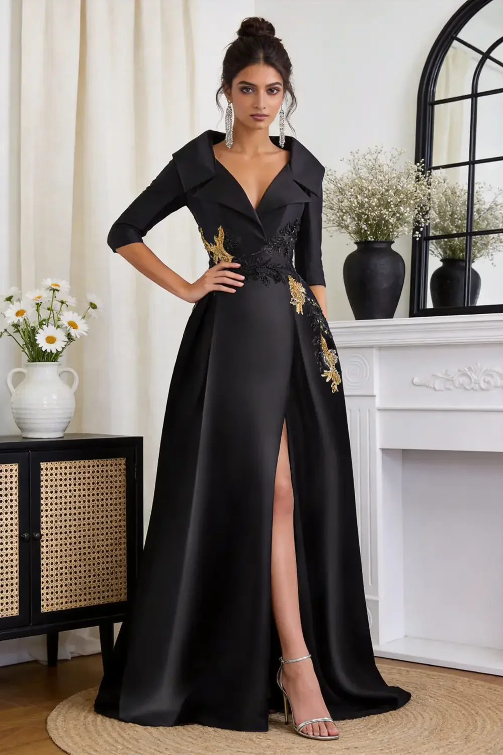 Black Satin Gown With Gold Embroidery Lapel V Neck High Slit Evening Dress - Image 2