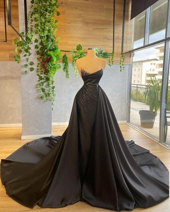 Black Satin Long Prom Dress Charming Evening Dress With Train Y594 - Image 2