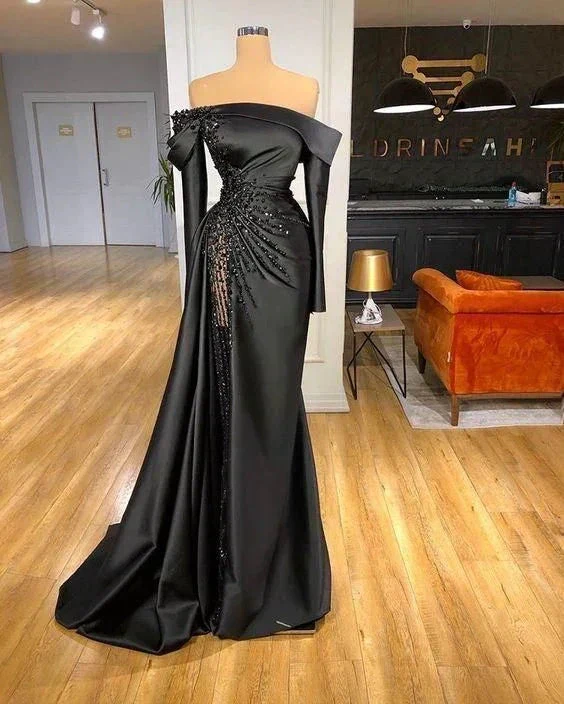black satin long prom dress mermaid evening dress  Y80 - Image 2