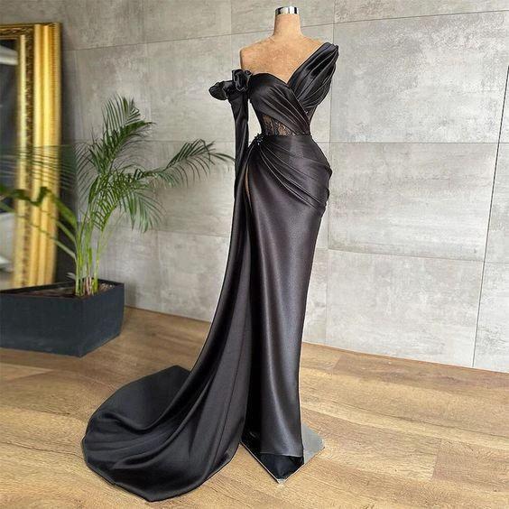 Black Satin Prom Dress Pleated Evening Gowns Dubai Party Dress Y664 - Image 2