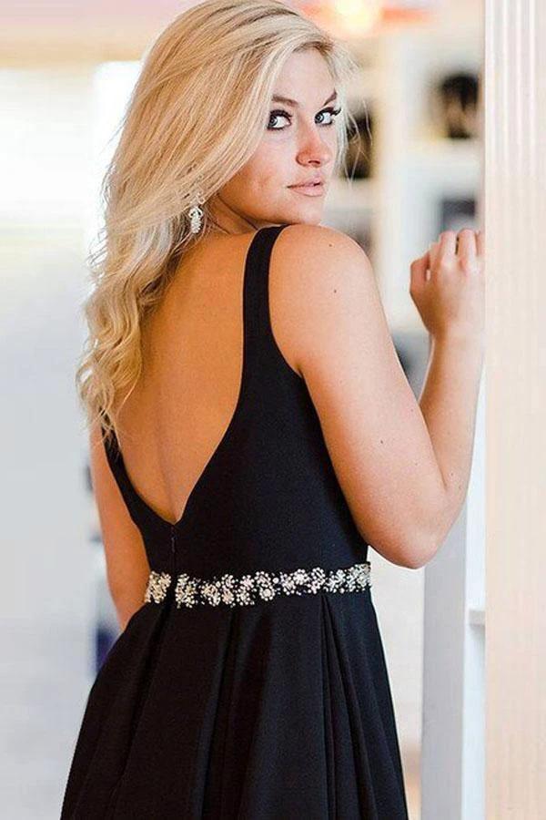 Black Satin Straps Short Prom Dress Homecming Dress With Crystal PD285 - Image 2