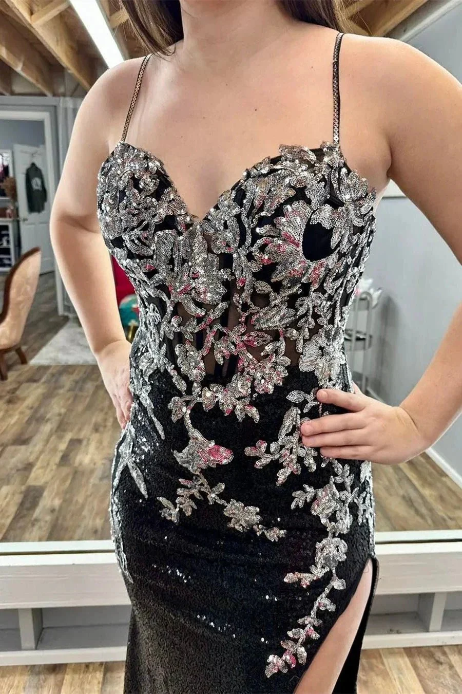Charleigh | Black Sequin Appliques Spaghetti Strap Long Prom Dress with Slit - Image 2