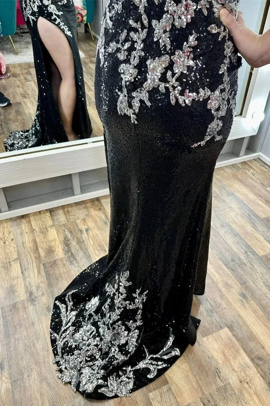 Charleigh | Black Sequin Appliques Spaghetti Strap Long Prom Dress with Slit - Image 3