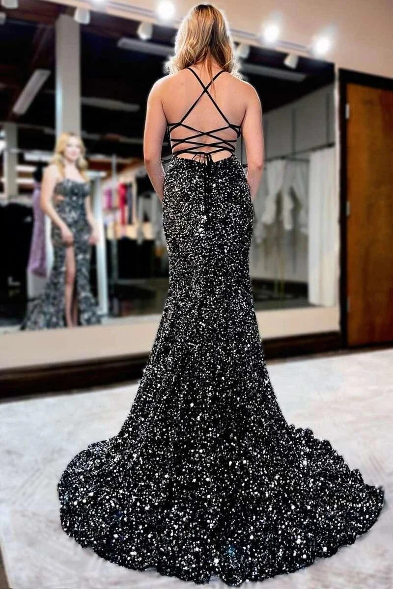 Sequin Lace-Up Back Mermaid Long Prom Gown with Slit - Image 2