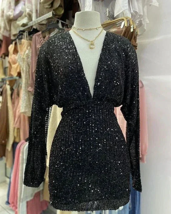 Black Sequins Deep V Neck Homecoming Dress Y2580 - Image 2