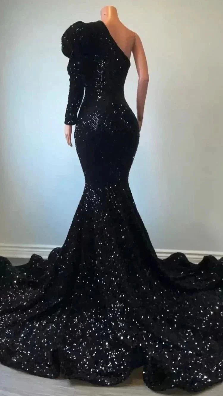 Black Sequins Long Prom Dress One Puffy Sleeve Mermaid Evening Dress Y15 - Image 2