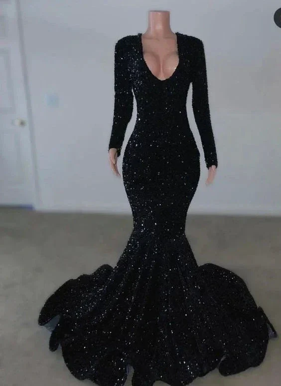 Black Sequins Long Sleeves Mermaid Evening Dress Black Reception Dress Y5987 - Image 2