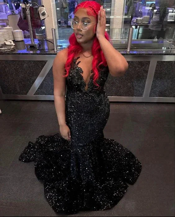 Black Sequins Mermaid Evening Dress Black Evening Gown Y6123 - Image 2