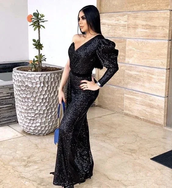 Black Sequins One Sleeve Mermaid Prom Dress Black Evening Dress Y5880 - Image 2