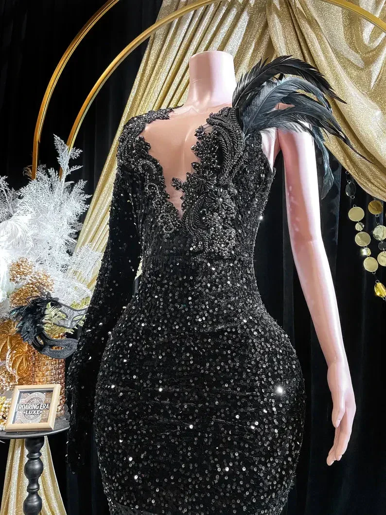 Black Sequins Rhinestone Applique Long Sleeve Mermaid Prom Dress Evening Dress Y8313 - Image 2