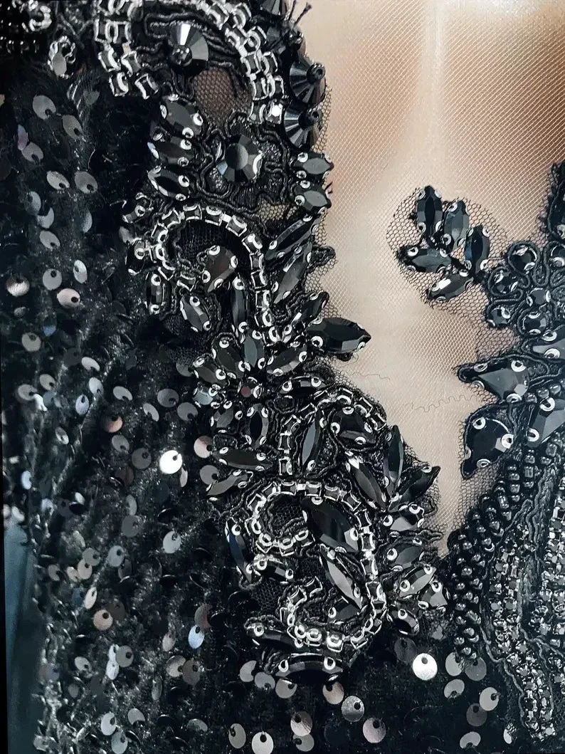 Black Sequins Rhinestone Applique Long Sleeve Mermaid Prom Dress Evening Dress Y8313 - Image 3