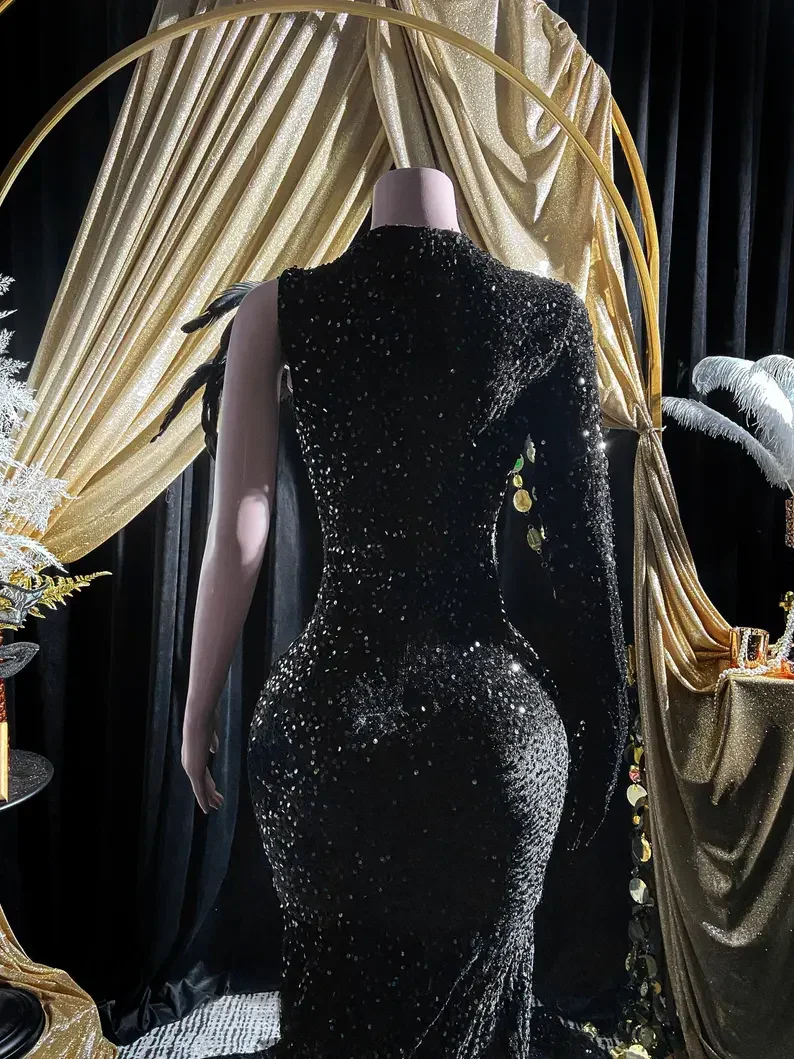 Black Sequins Rhinestone Applique Long Sleeve Mermaid Prom Dress Evening Dress Y8313 - Image 4