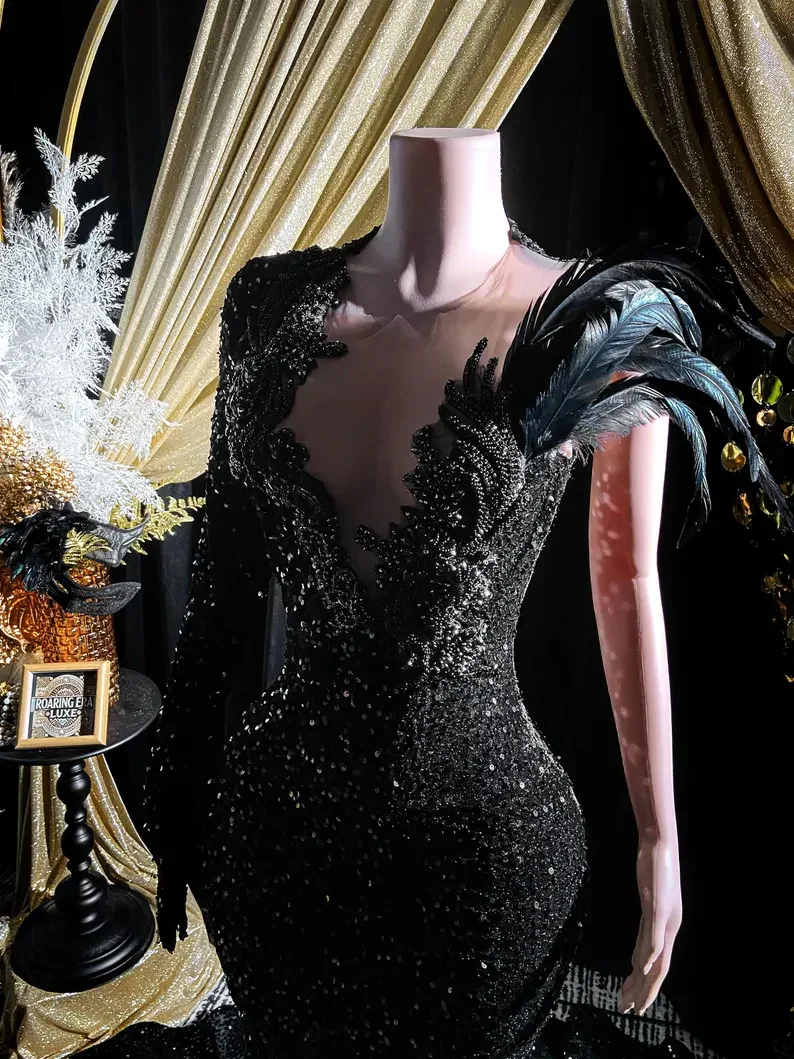 Black Sequins Rhinestone Applique Long Sleeve Mermaid Prom Dress Evening Dress Y8313 - Image 5