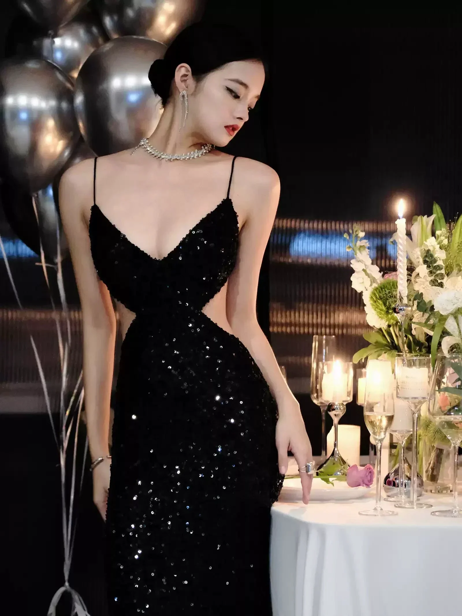 Black Sequins Sparkling Evening Dress Sexy Backless Evening Gown Y1124 - Image 4