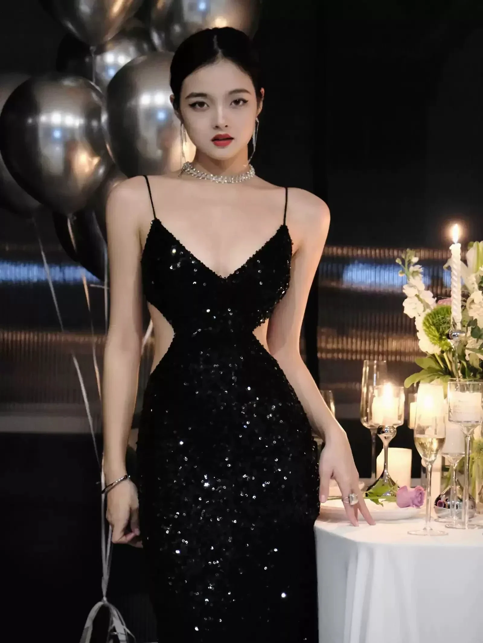 Black Sequins Sparkling Evening Dress Sexy Backless Evening Gown Y1124 - Image 5
