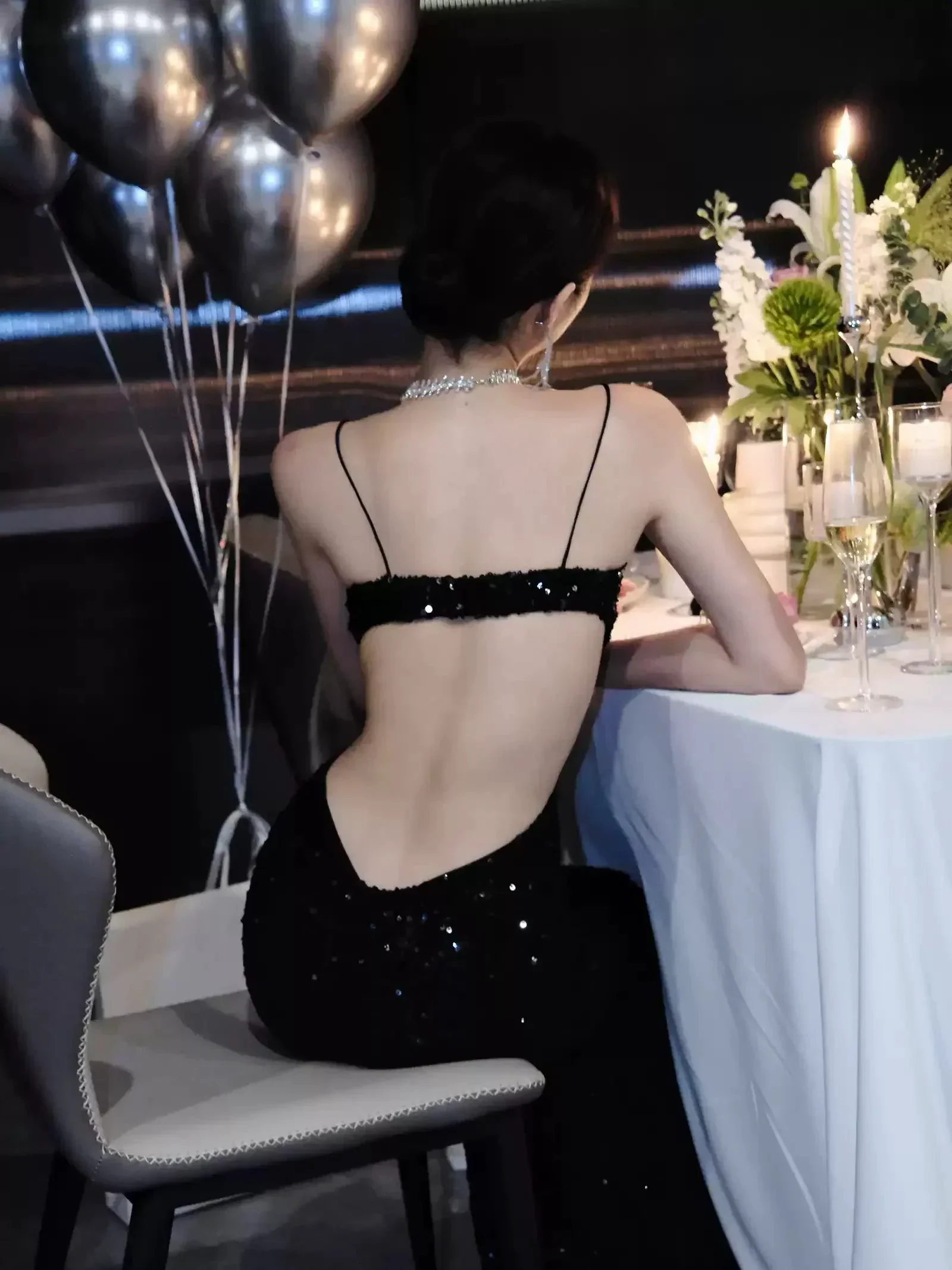 Black Sequins Sparkling Evening Dress Sexy Backless Evening Gown Y1124 - Image 6