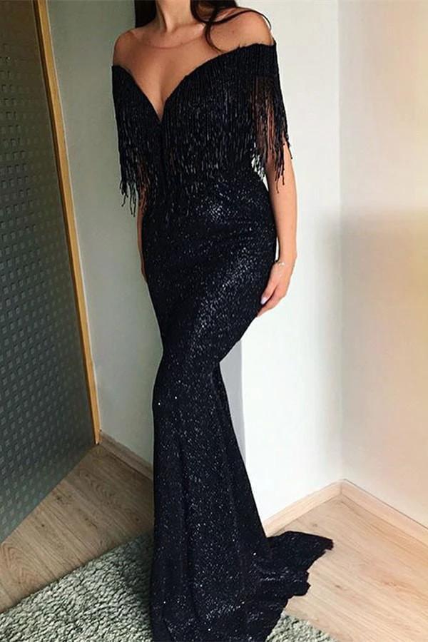 Black Sequins V Neck Tassels Mermaid Floor Length Prom Dress - Image 2
