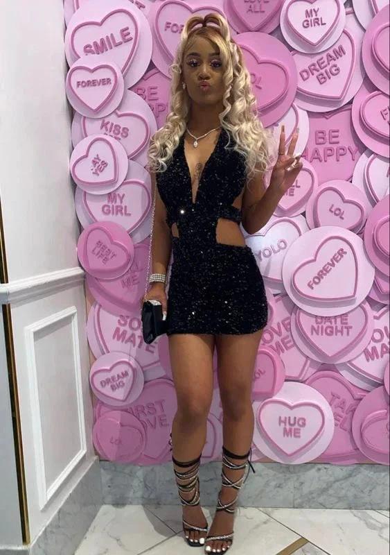 Black Sequins Waist Cut Club Dress Cute Black Homecoming Dress Y329 - Image 2