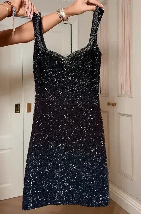 Black Sequins with Spaghetti Straps Short Prom Dress - Image 3